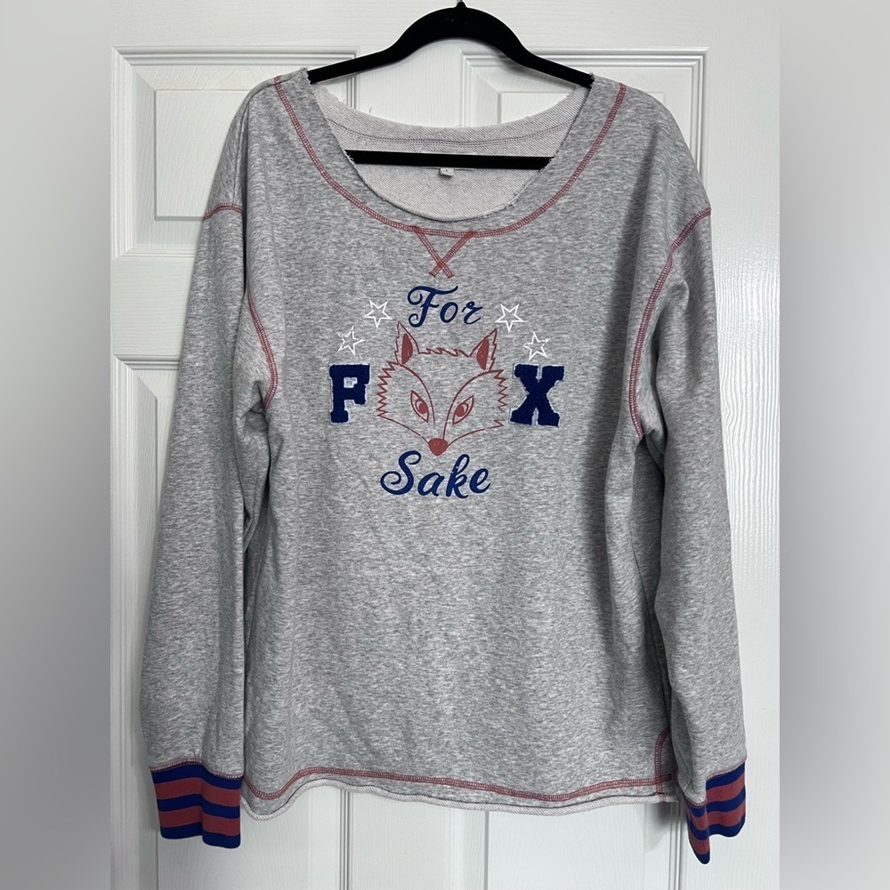 Attic Salt Women’s Gray Crewneck Sweat Shirt Pullover For Fox Sake Raw Hem Sz LG